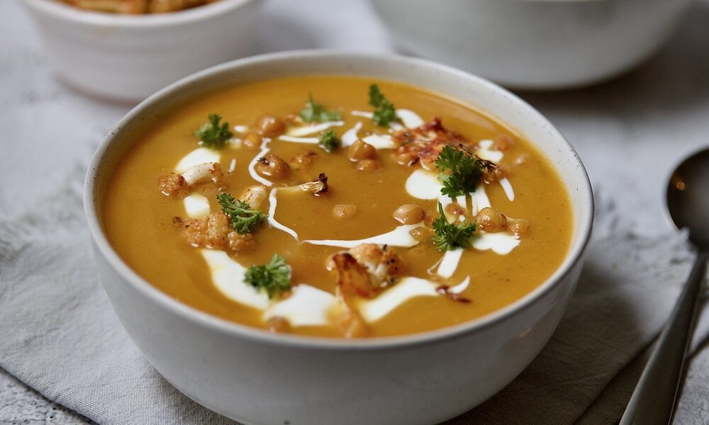 pumpkin soup with spicy chickpea and cauliflower