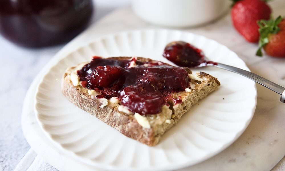 strawberry jam on toast with butter