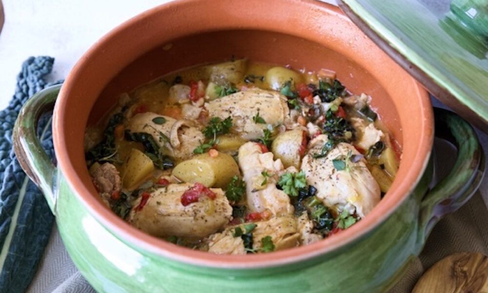 chicken casserole in a glazed pot