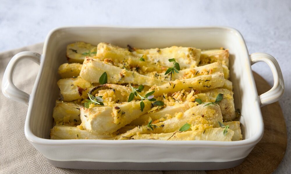 Baked Parsnips with herbs, polenta and cheese