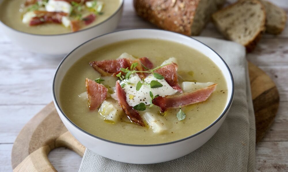 celeriac soup with creme fraiche bacon and thyme